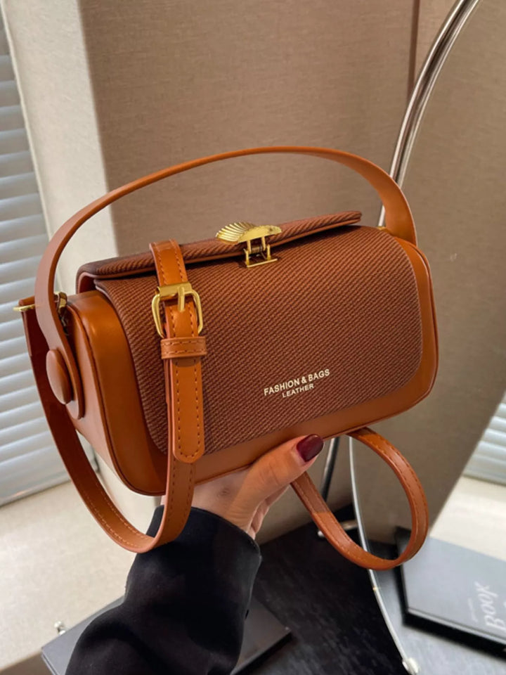 Brown Structured boxy crossbody bag with gold clasp and top handle