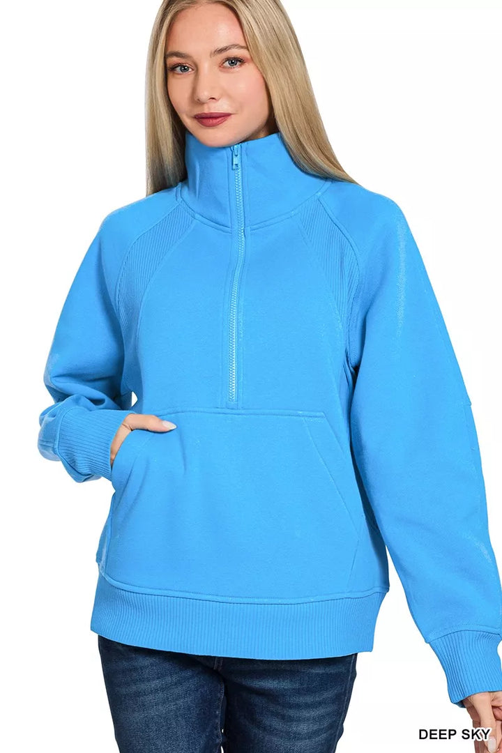 DEEP SKY Half-zip mock neck fleece pullover with kangaroo pocket