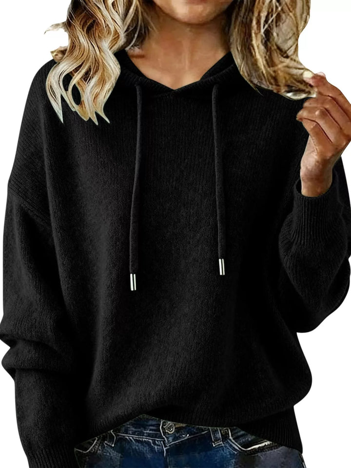 Black Drawstring hooded knit sweater with ribbed cuffs