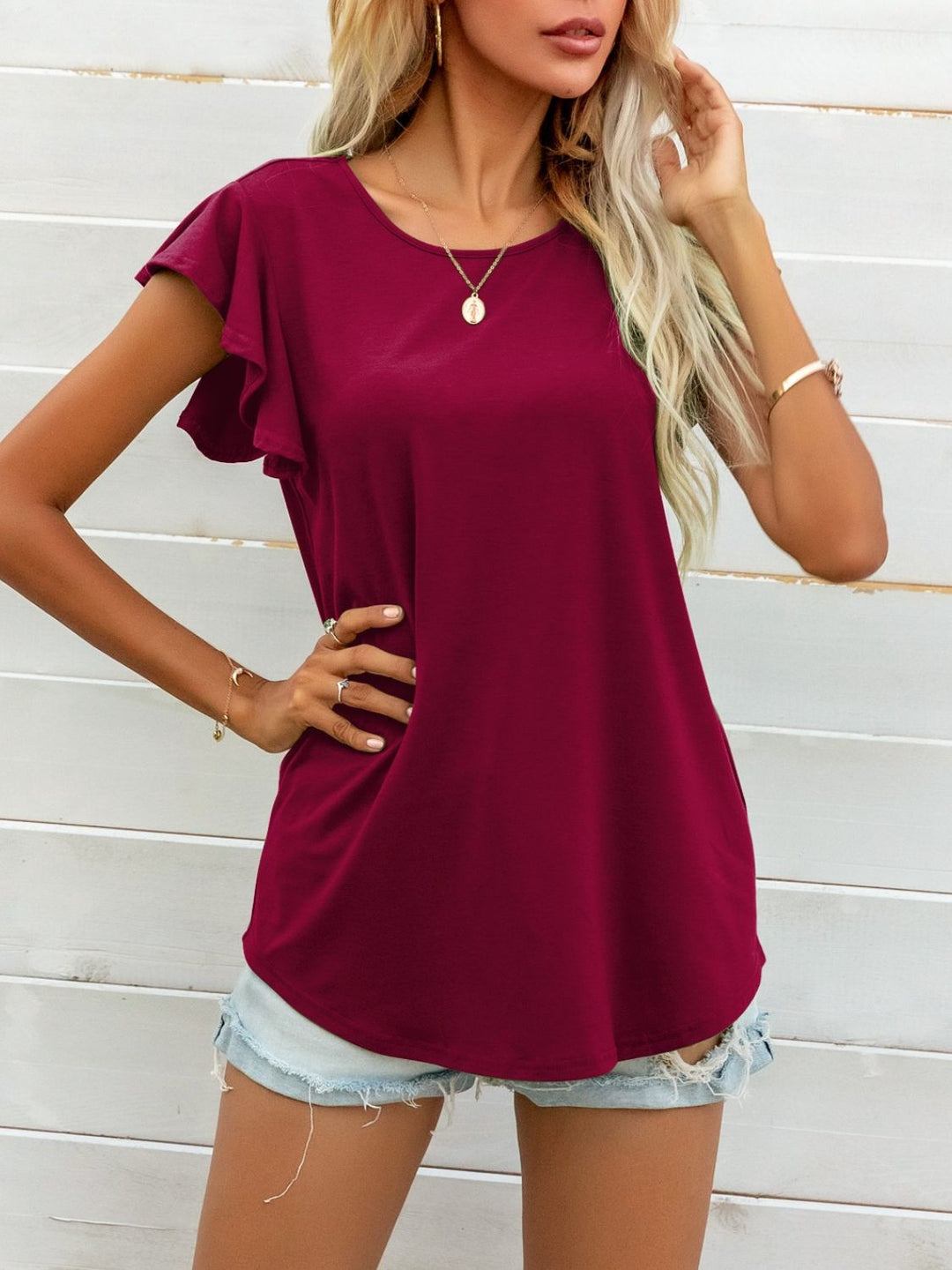 Ruffled butterfly cap sleeve round neck top