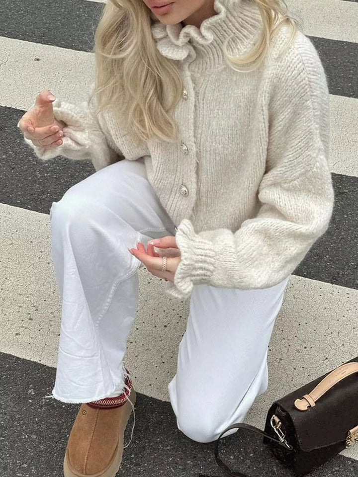 Frill collar button-down knit cardigan with ribbed cuffs