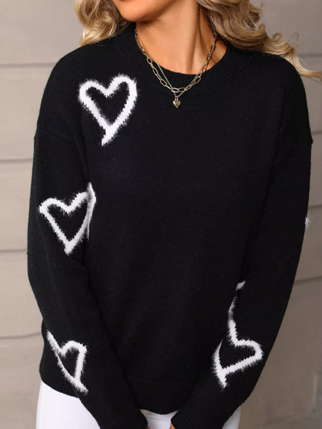 Fuzzy heart crew neck sweater with ribbed trim