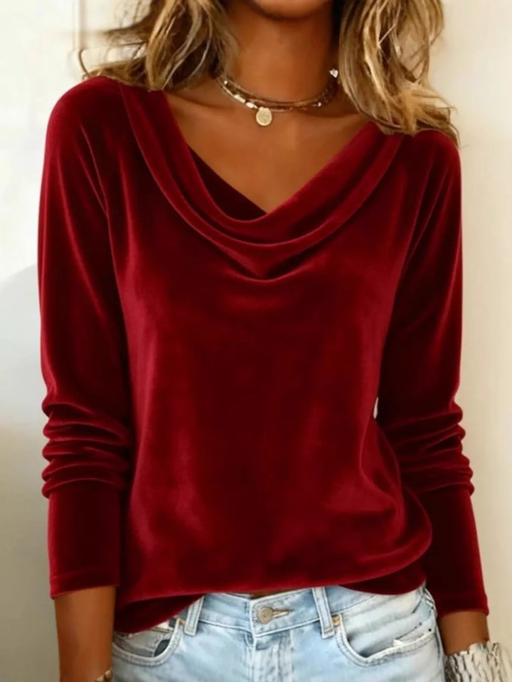 Red Velvet cowl neck draped long sleeve top