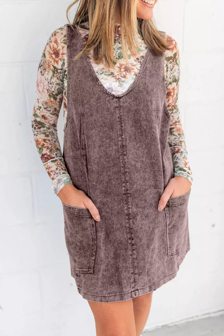 Taupe Vintage wash denim overall dress with patch pockets