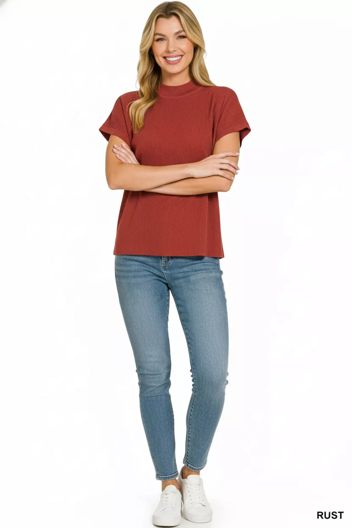 Ribbed mock neck short sleeve boxy sweater