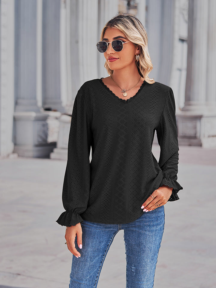 Black Eyelet openwork V-neck blouse with flounce sleeves
