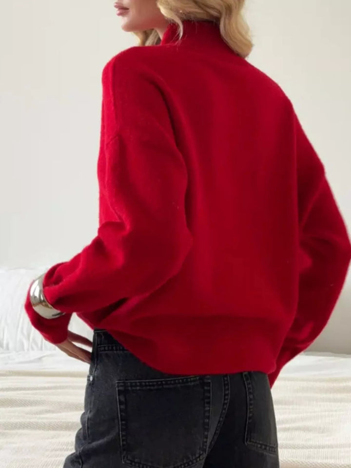 Ribbed mock neck dropped shoulder knit sweater