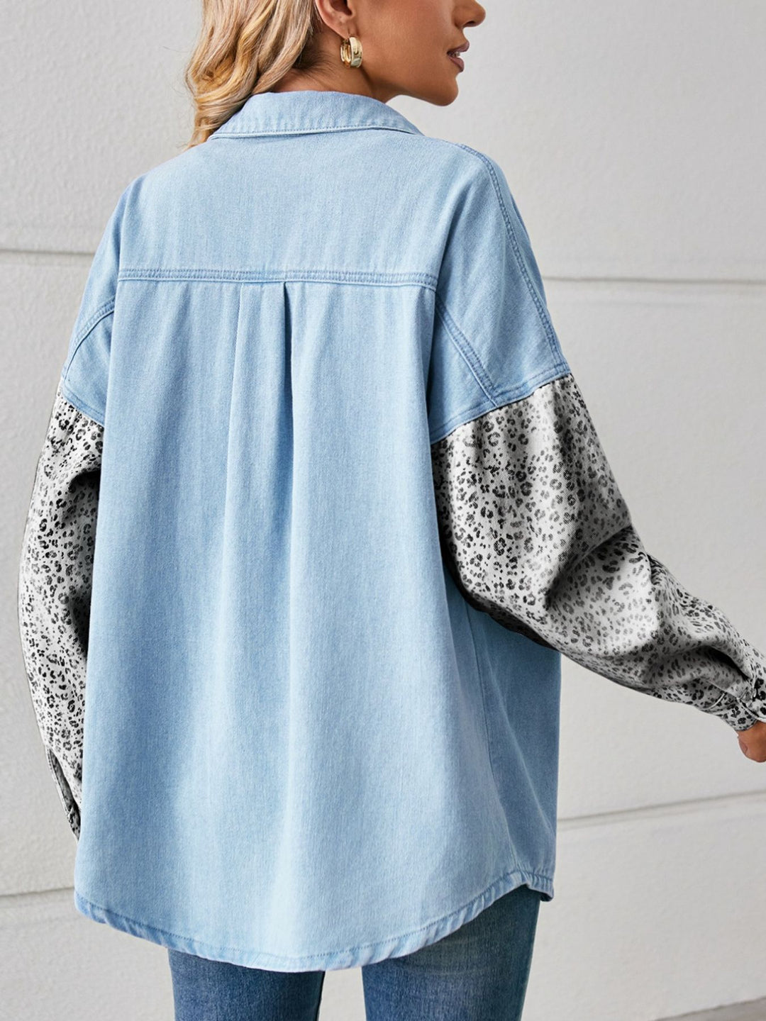 Leopard patchwork button-up denim shirt