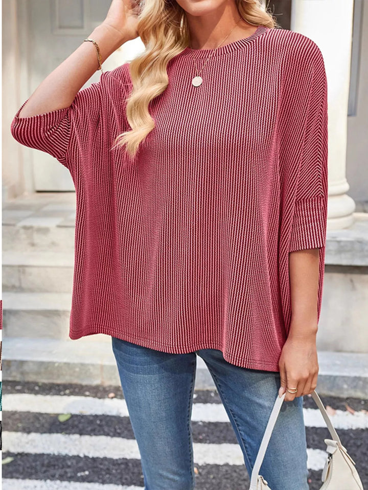 Dusty Pink Ribbed knit dolman-sleeve relaxed crew neck top