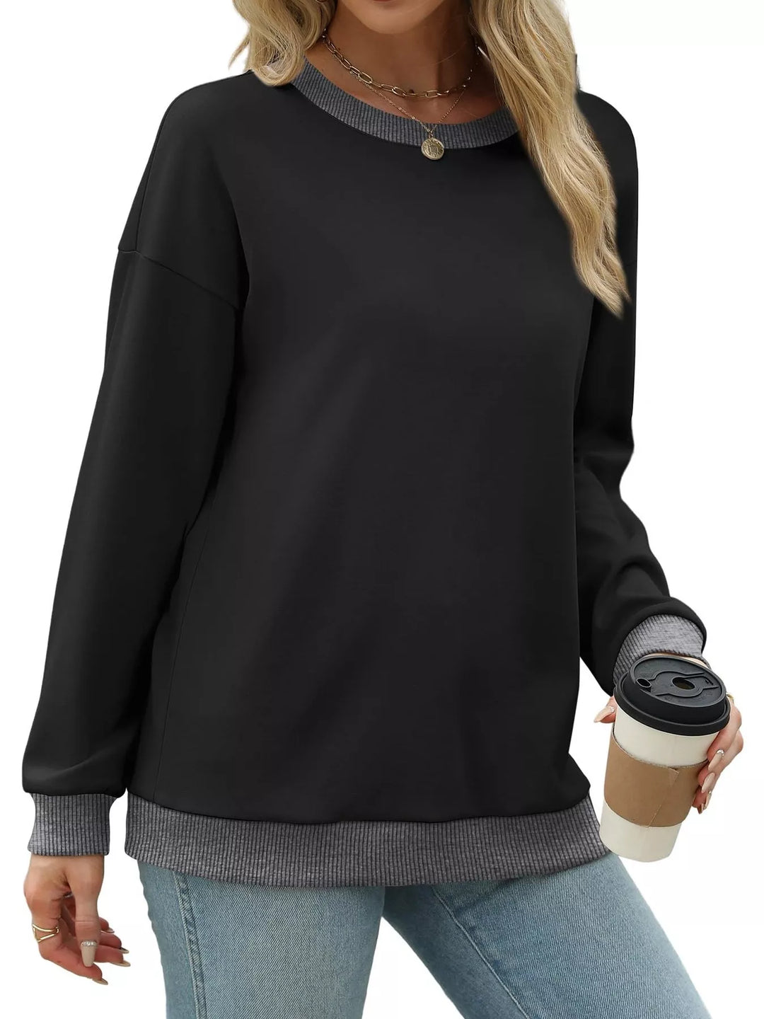 Drop-shoulder crew neck sweatshirt with contrast ribbed trim