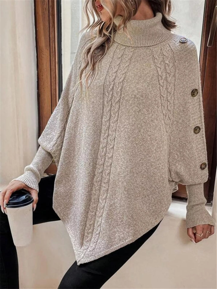 Khaki Color Cable knit turtleneck cape sweater with button shoulder
