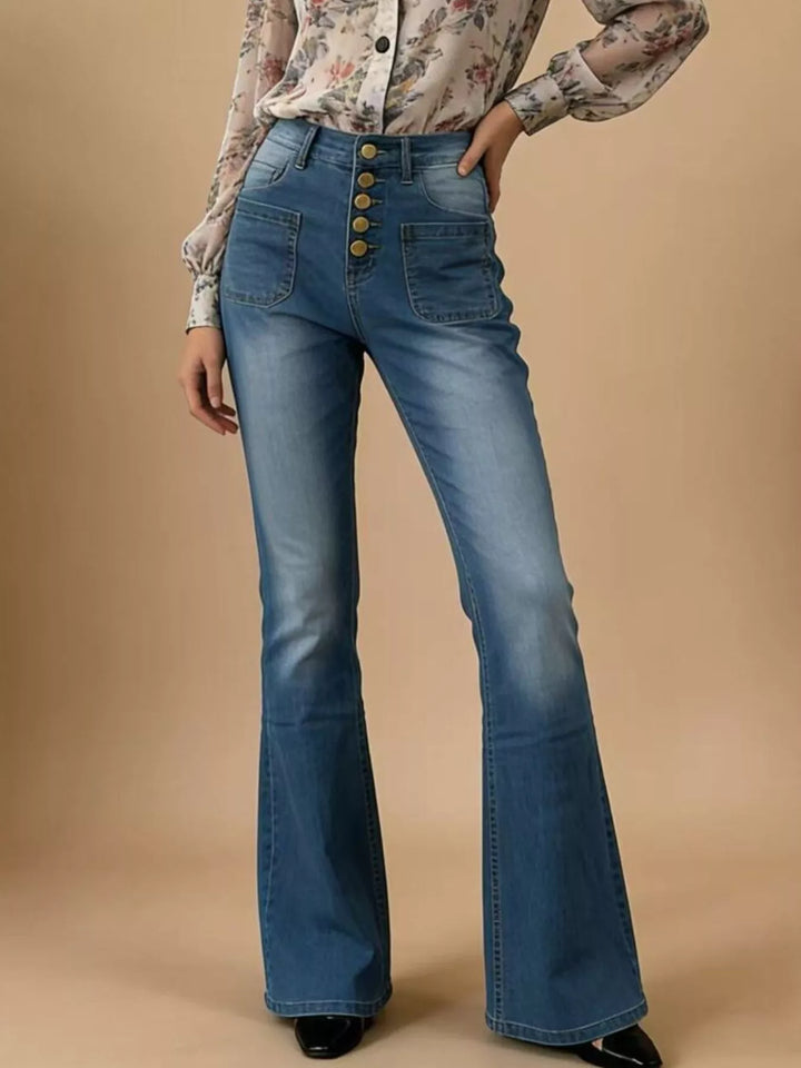 Light Blue High-waisted button-fly flare jeans with patch pockets