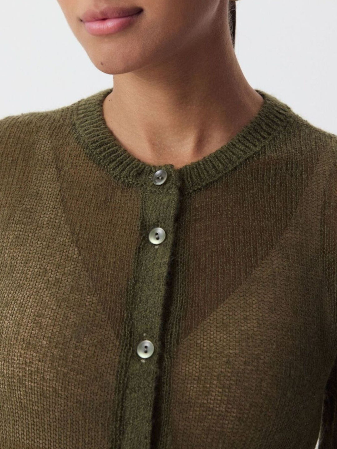 Sheer open-knit button-front cardigan with long sleeves