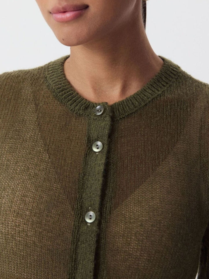 Sheer open-knit button-front cardigan with long sleeves