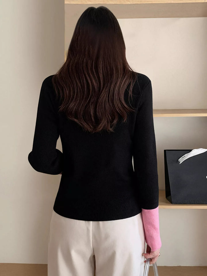 Contrast-trim ribbed knit V-neck button cardigan