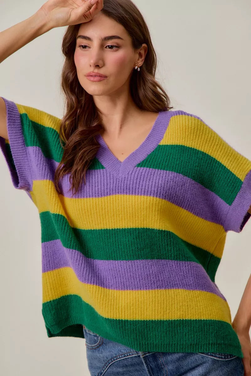 Ribbed striped V-neck short sleeve sweater top