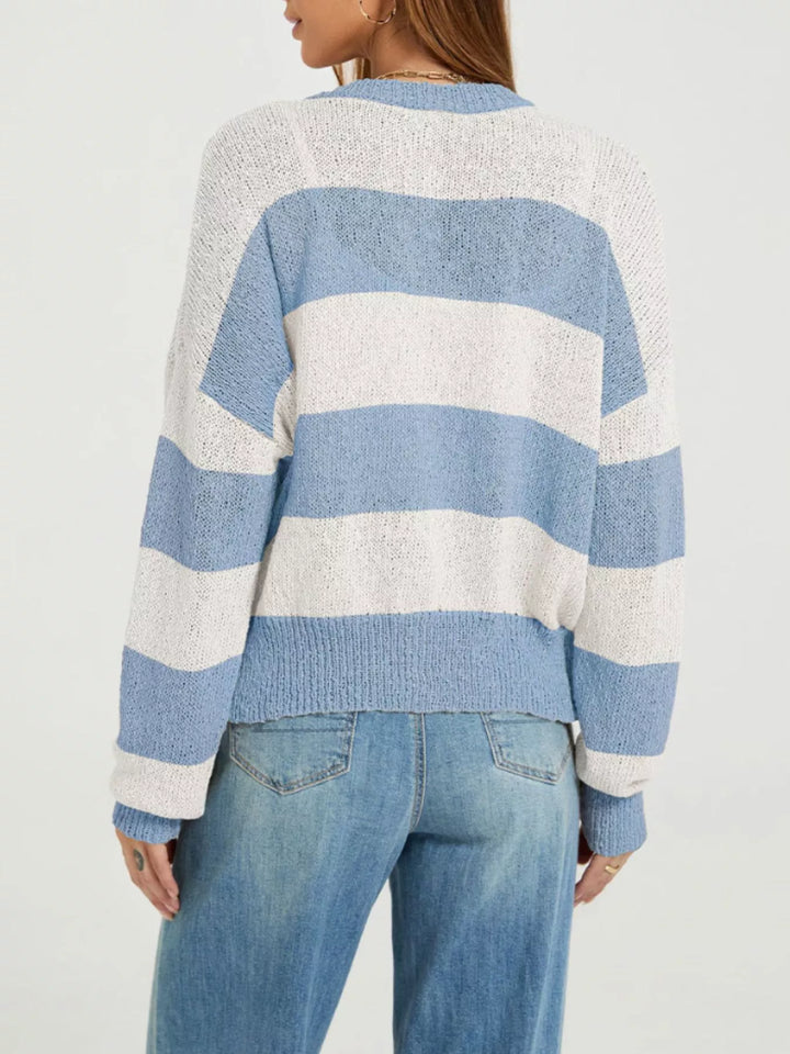 Wide stripe button-down knit cardigan with ribbed trim