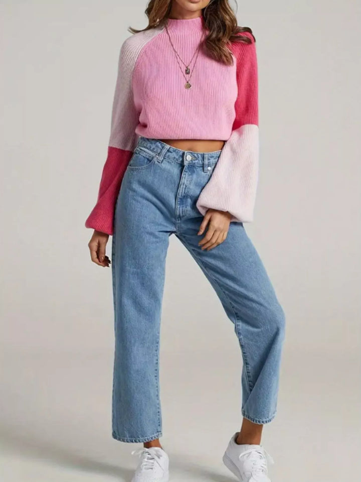 Color block ribbed knit mock neck sweater with balloon sleeves