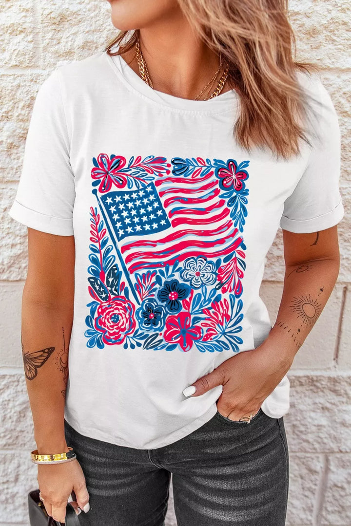 Floral American flag graphic crew neck tee
