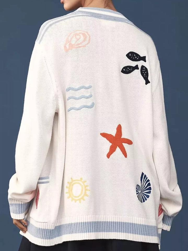 Seashell embroidered open-front cardigan with striped trim