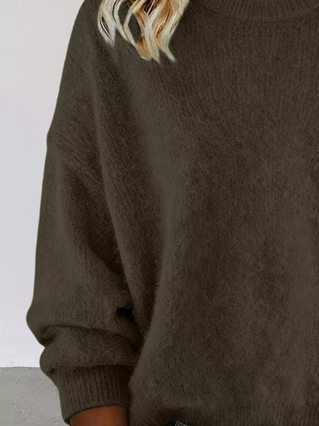 Dropped-shoulder crew neck knit sweater with ribbed trim