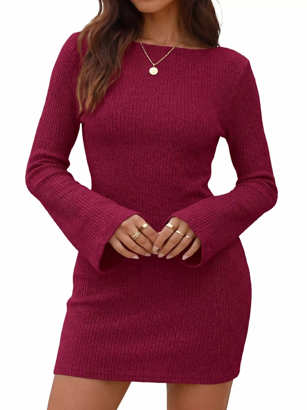 Ribbed knit mini sweater dress with flared sleeves