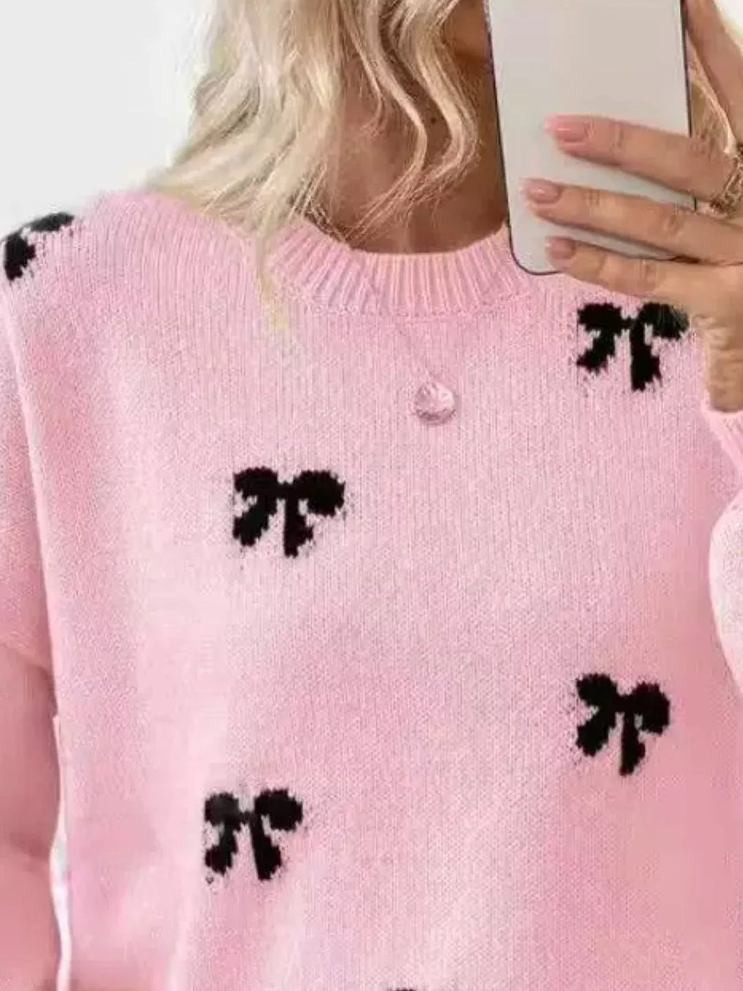 Bow print drop shoulder crew neck sweater