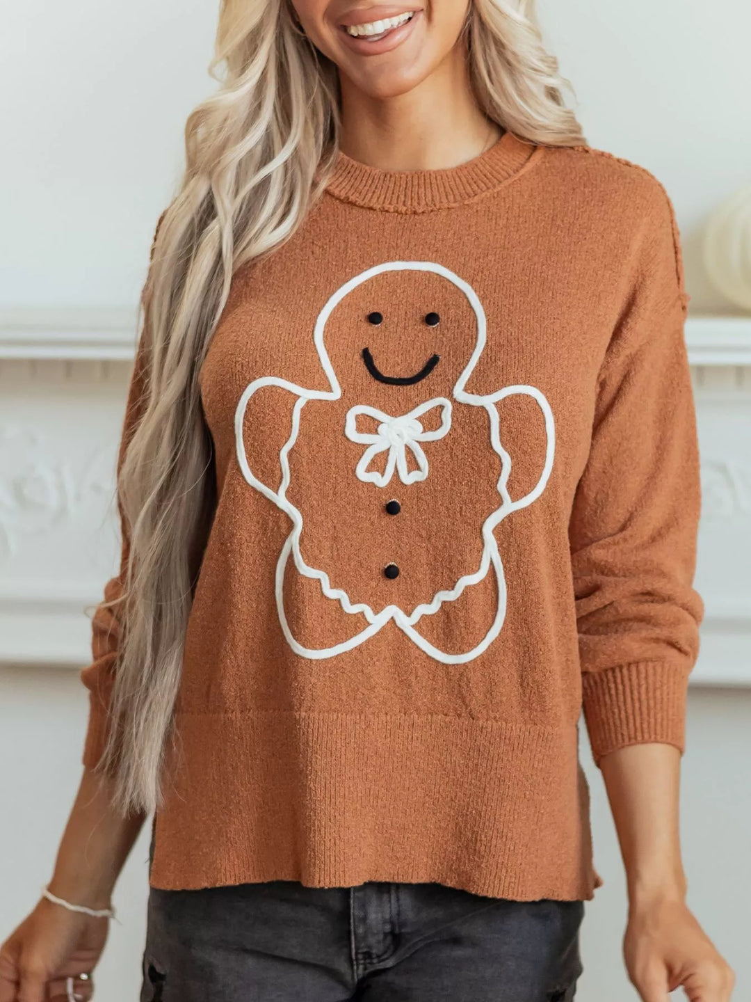 Caramel Gingerbread man embroidered drop shoulder knit sweater