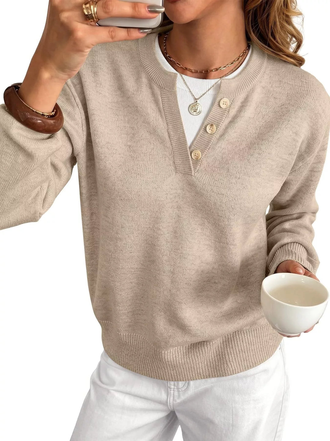 Notch neck button-trim drop shoulder sweater