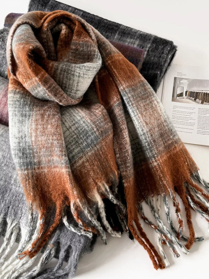 Brushed plaid blanket scarf with twisted fringe