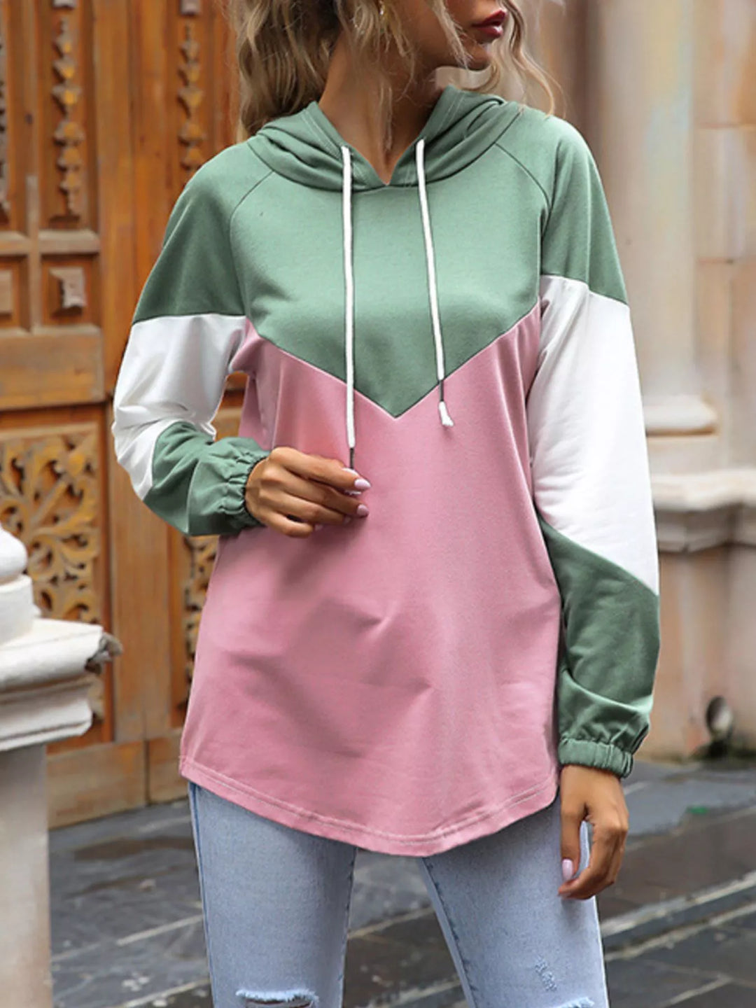Color block drawstring hoodie with contrast sleeves