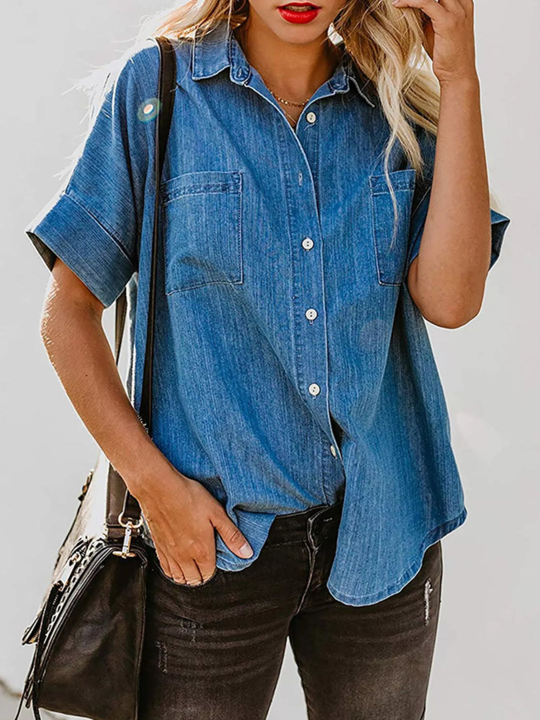 Dark Blue Relaxed short sleeve denim button-down with chest pockets