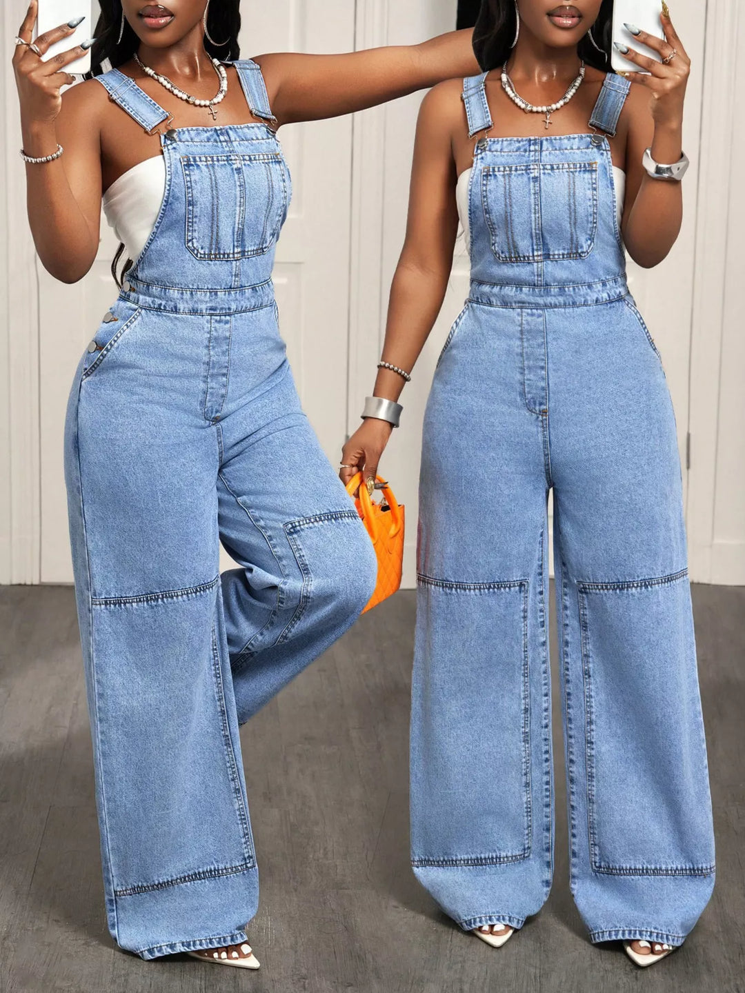 Blue Wide leg denim overalls with bib pocket and side buttons
