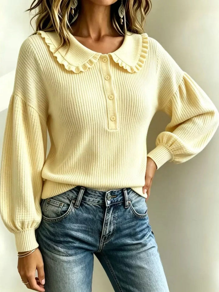 Ruffle collar ribbed knit sweater with button placket