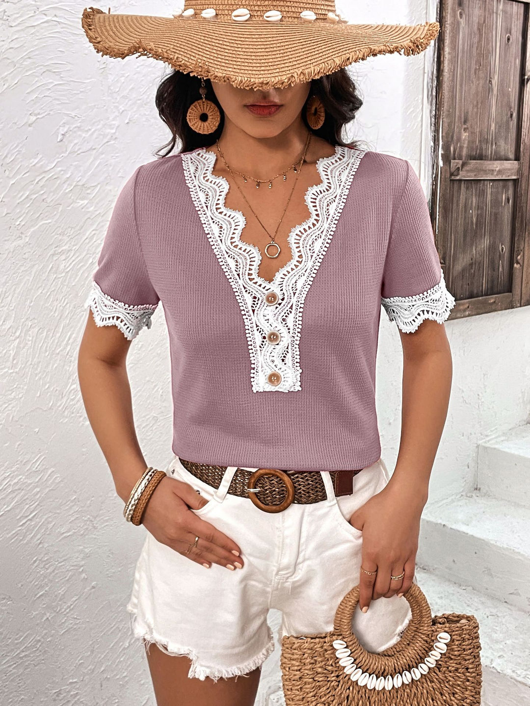 Lilac Lace-trim V-neck short sleeve top with button placket