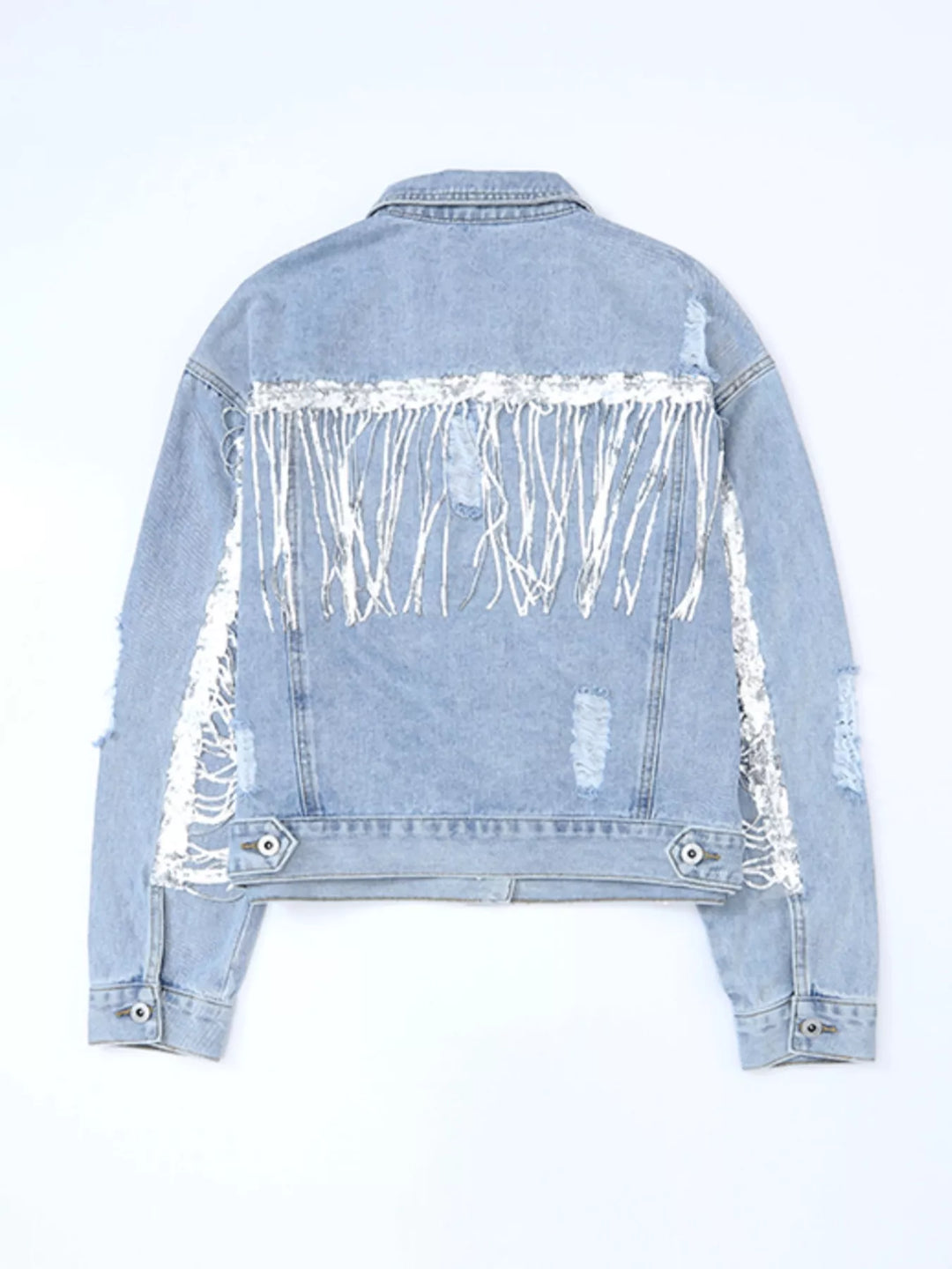 Distressed denim jacket with sequin fringe and chest pockets
