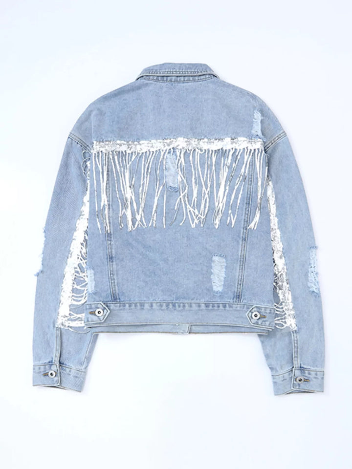 Distressed denim jacket with sequin fringe and chest pockets