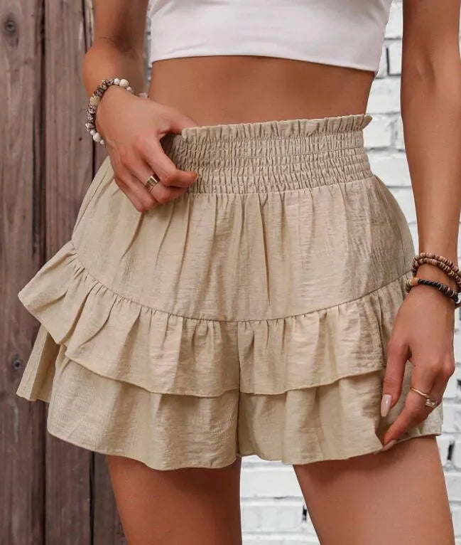 Khaki Tiered ruffle high-waist smocked skort with built-in shorts