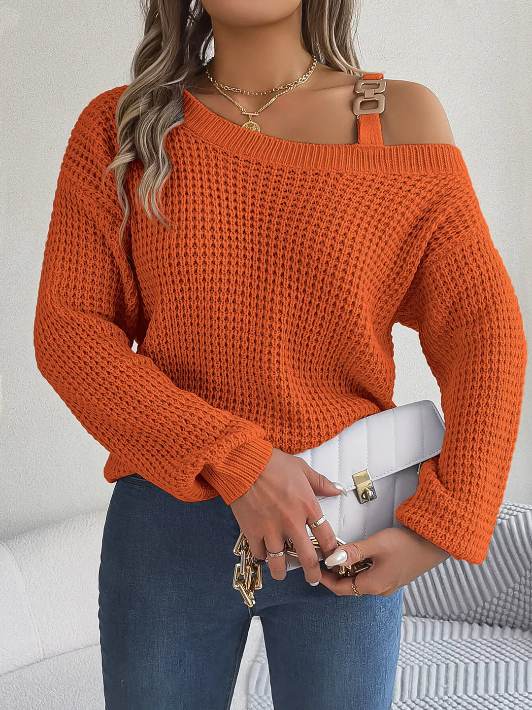 Asymmetrical cold-shoulder openwork knit sweater with chain strap
