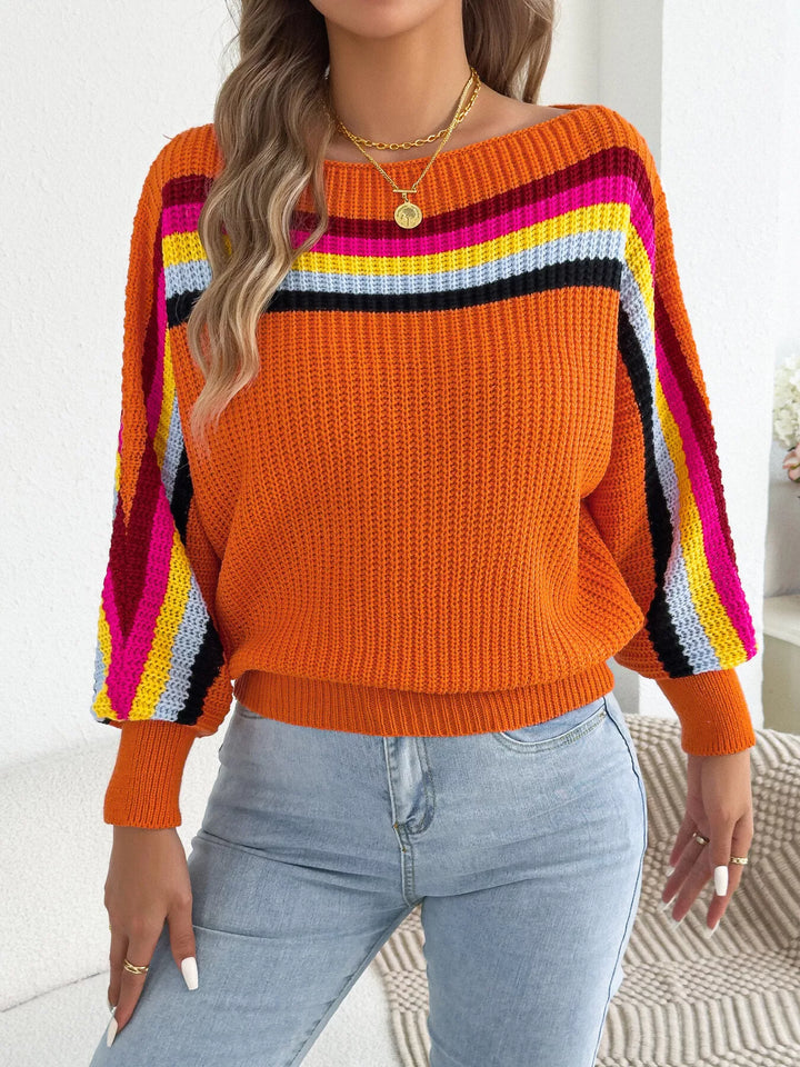 Rainbow stripe ribbed knit boat neck sweater