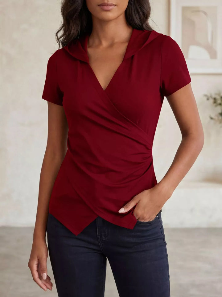 Red Ruched wrap-front hooded top with asymmetric hem