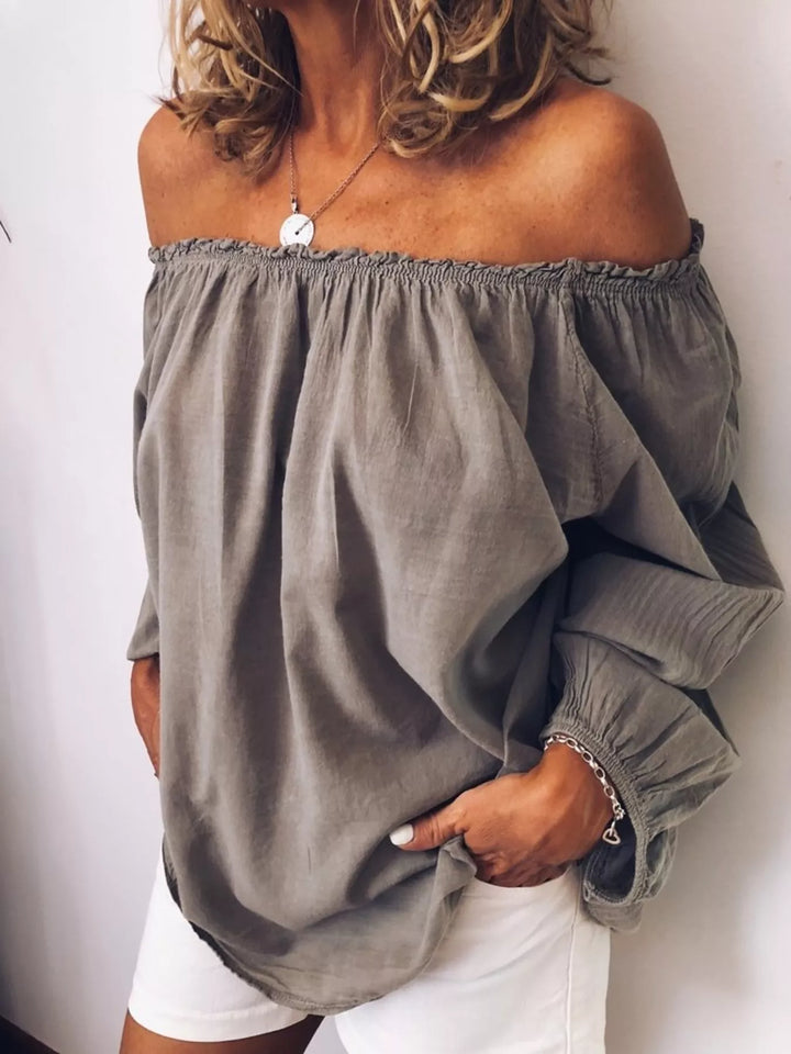 Gray Off-shoulder ruffle-neck blouse with long puff sleeves