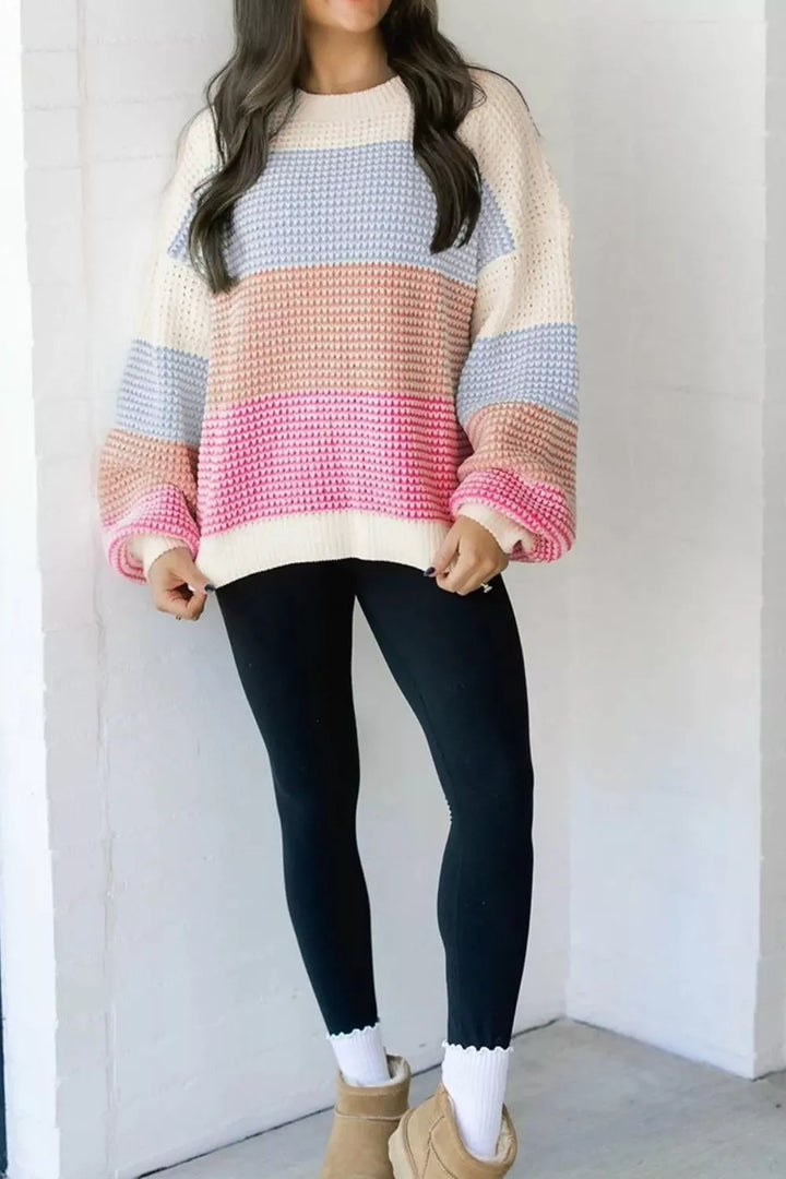 Color block waffle knit drop shoulder sweater