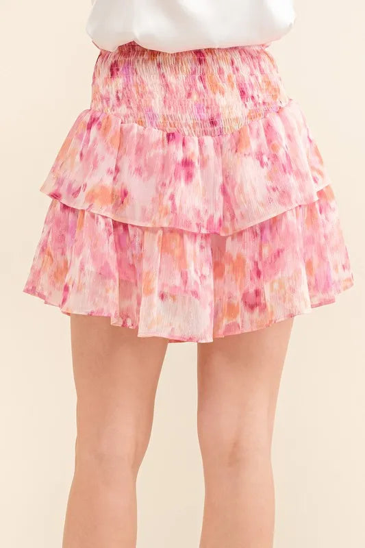 Lurex print tiered smocked waist mini skort