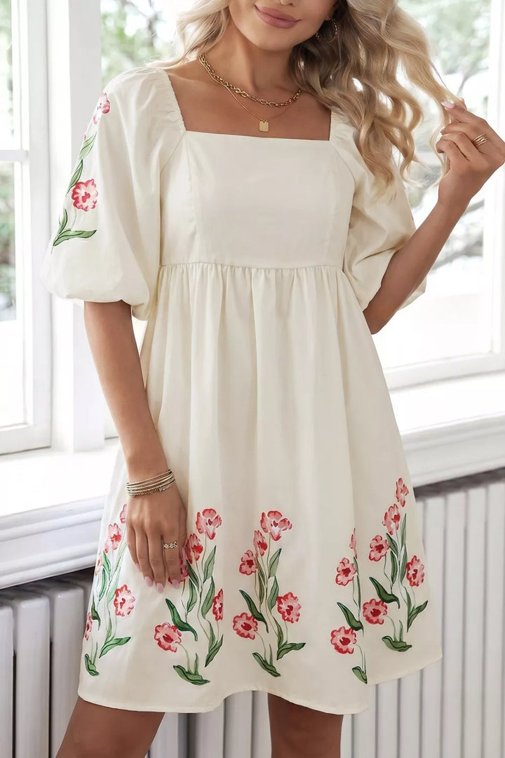 Floral puff sleeve babydoll mini dress with square neck