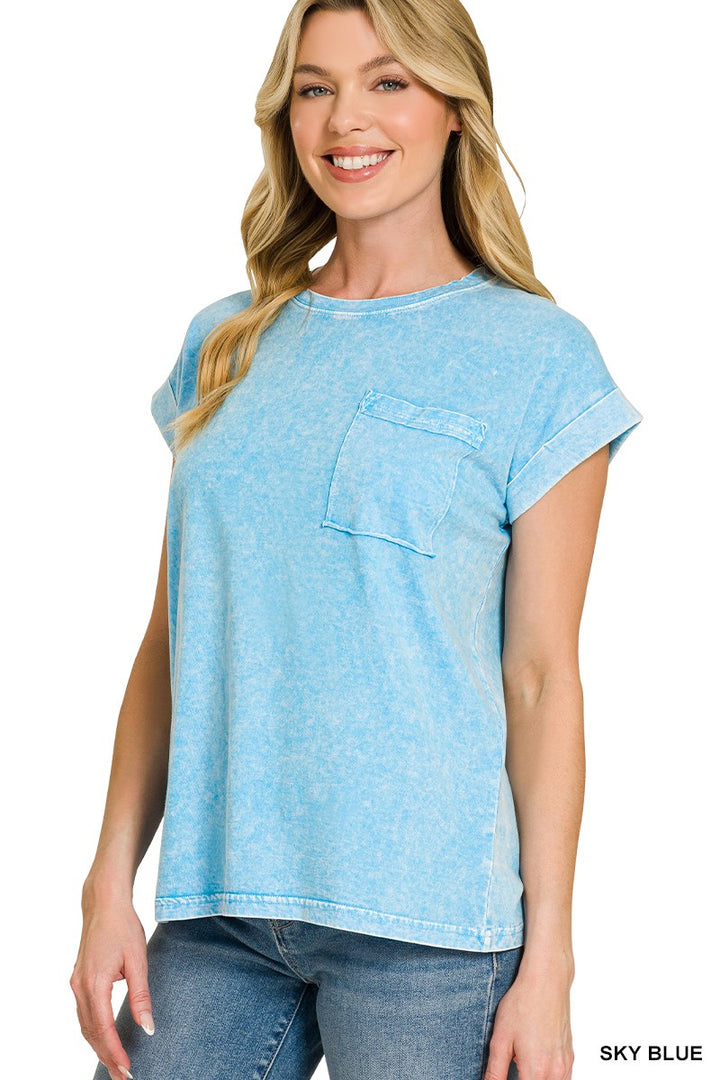 Snow-washed cuffed short sleeve tee with chest pocket