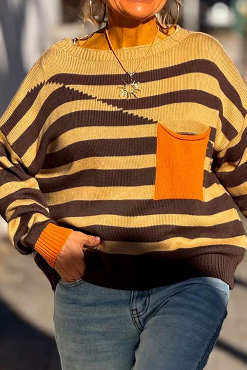 Striped drop shoulder pullover sweater with chest pocket