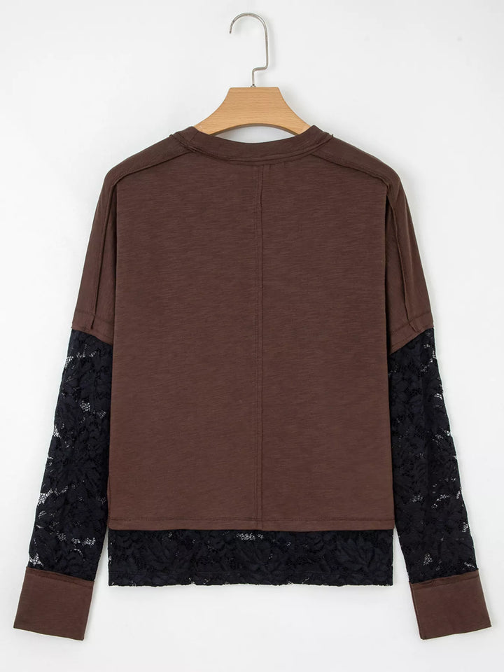 Spooky sequin graphic tee with lace patchwork long sleeves