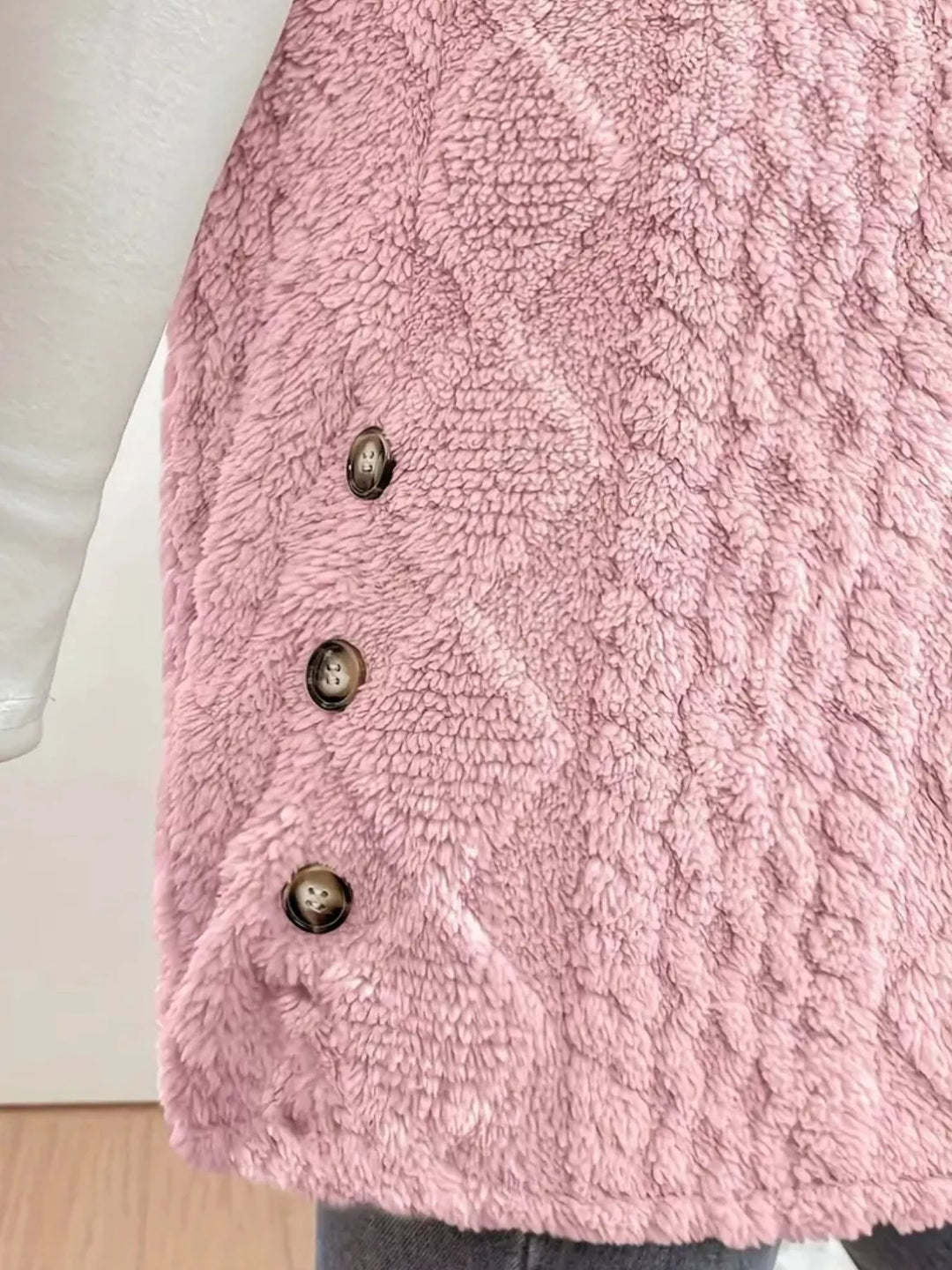 Textured sherpa hooded vest with button front