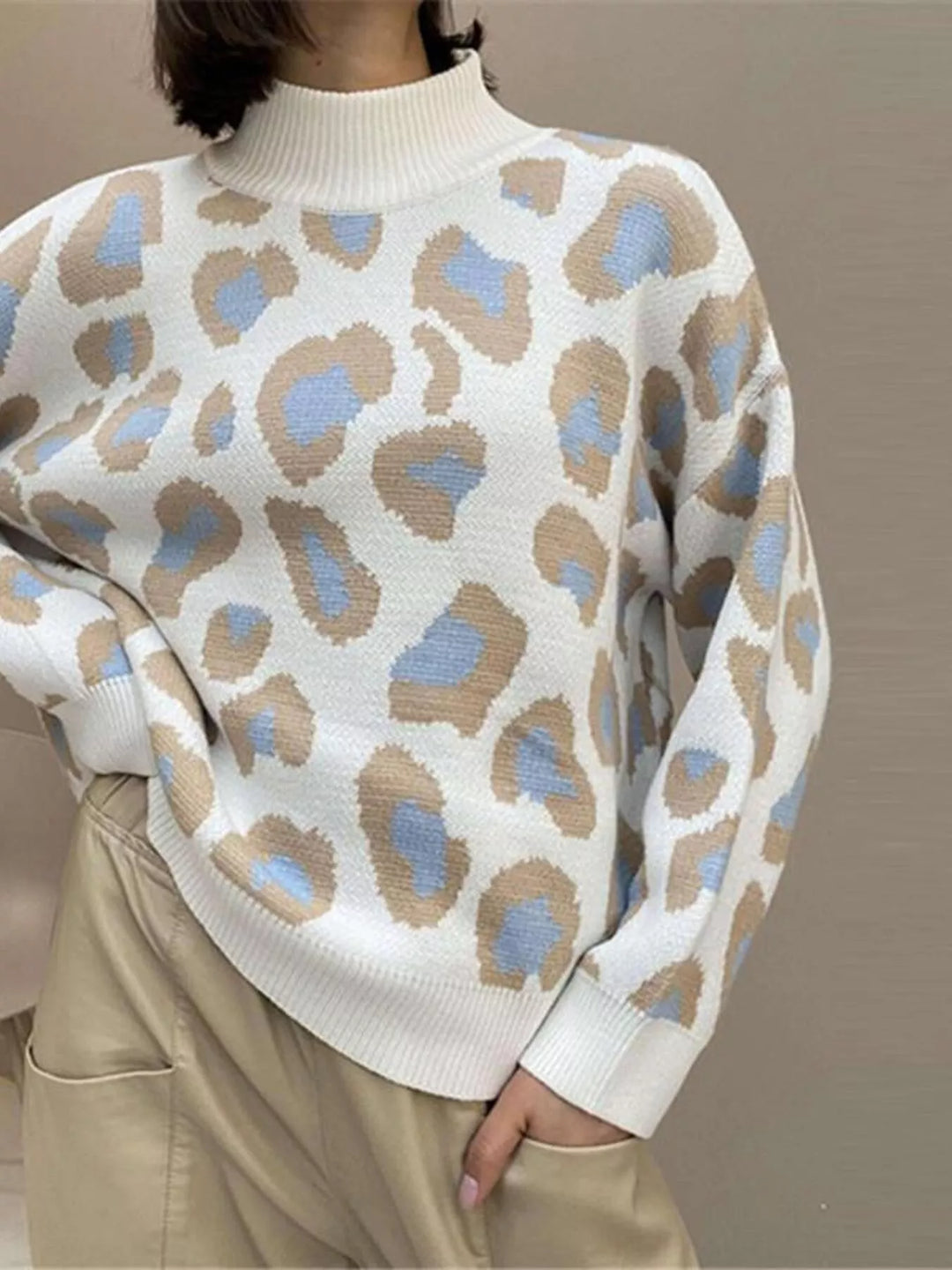 Blue Leopard print long sleeve mock neck knit sweater